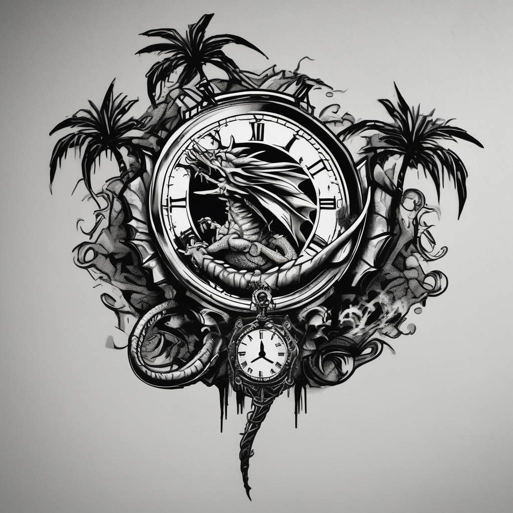 Horror dragon tattoo with clock, dollars and palm tree on background half sleeve tattoos for men, design de tatouage Noir et blanc généré par IA